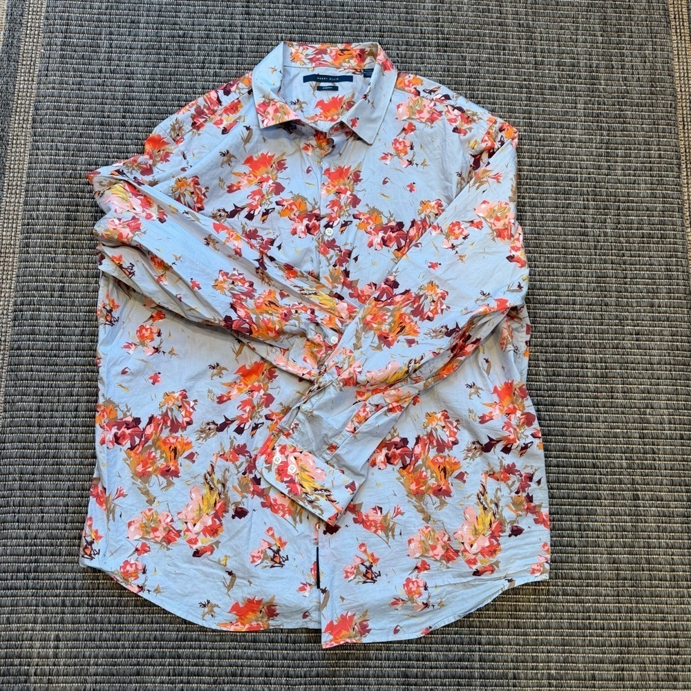 Perry Ellis Men's Casual Stretch Floral Shirt - Light Blue and Orange